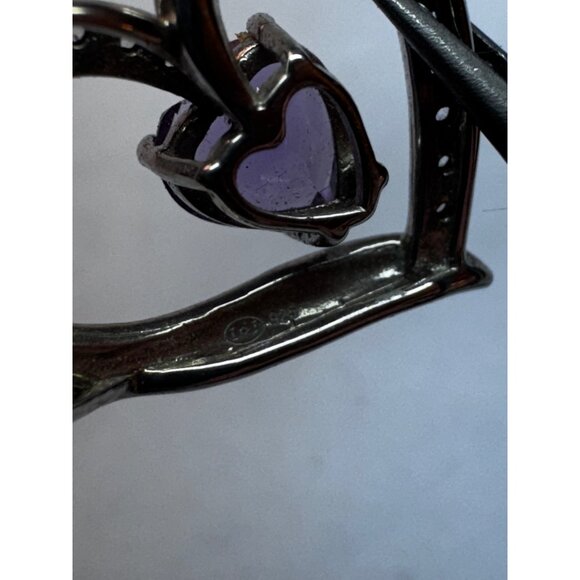 Sterling Silver 925 Heart Pendant with Amethyst Gemstone & CZ Accents Estate - Picture 9 of 9